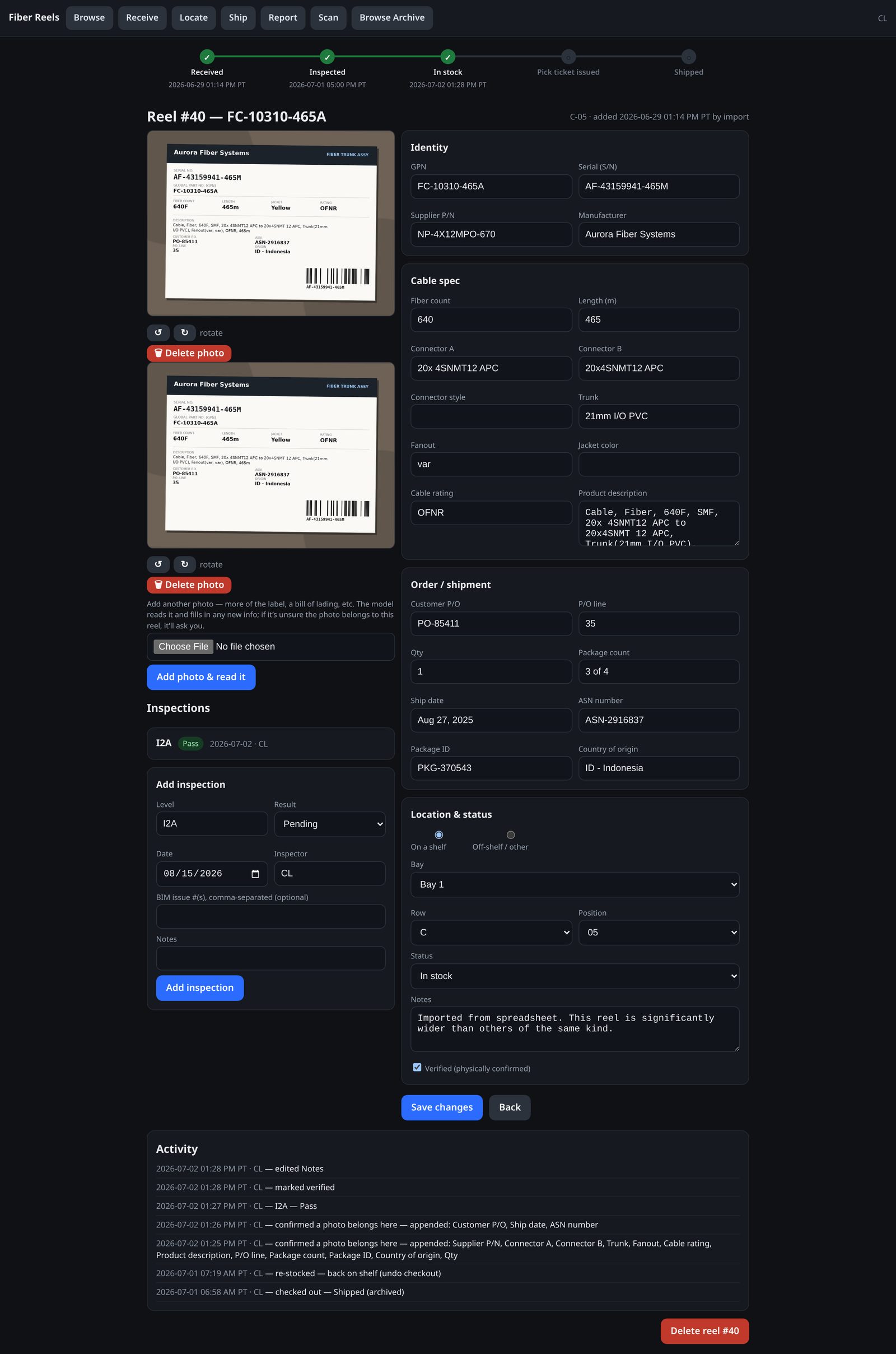 A reel record: label photos on the left, extracted fields on the right, inspection log and activity history below